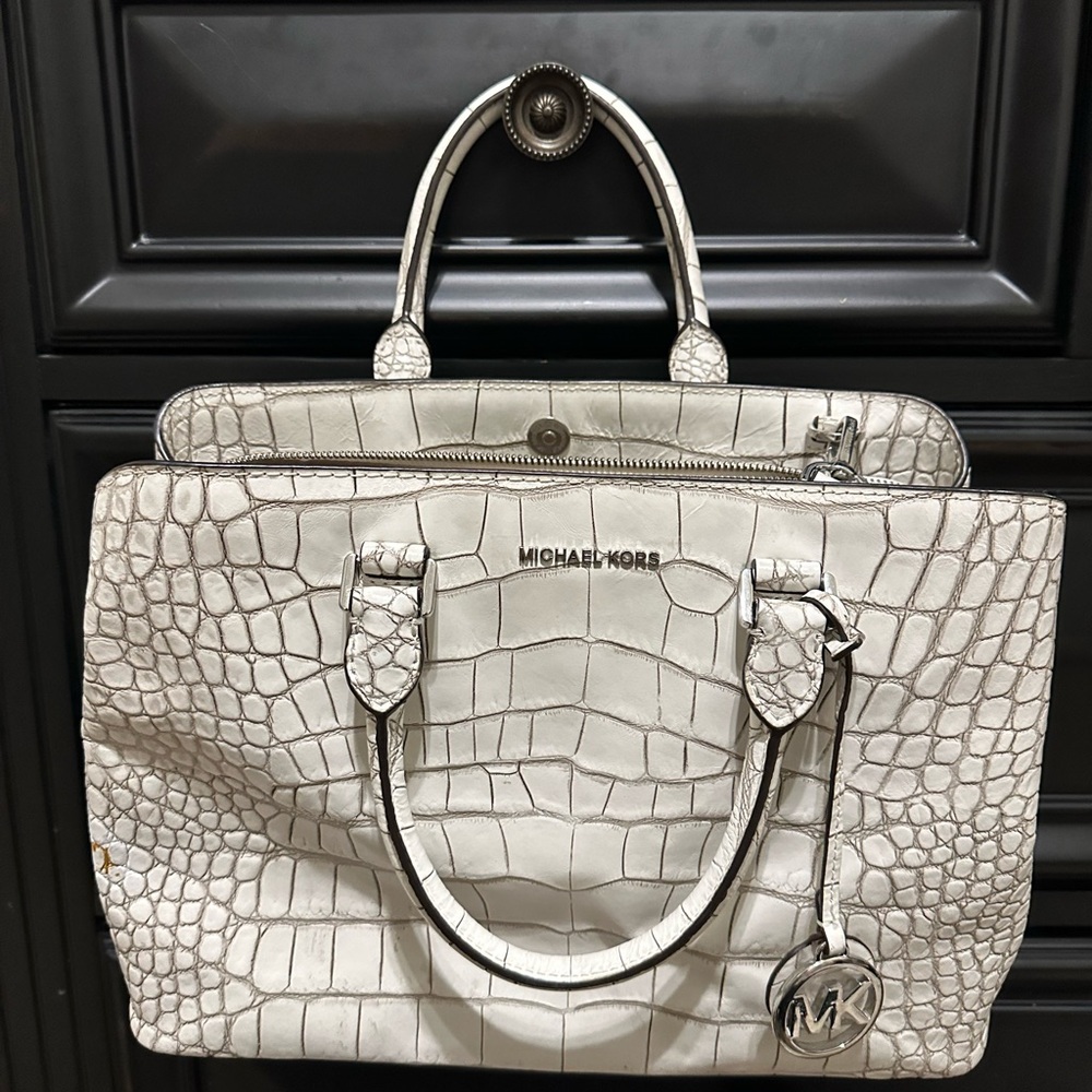 Michael Kors White Crocodile Embossed Satchel
